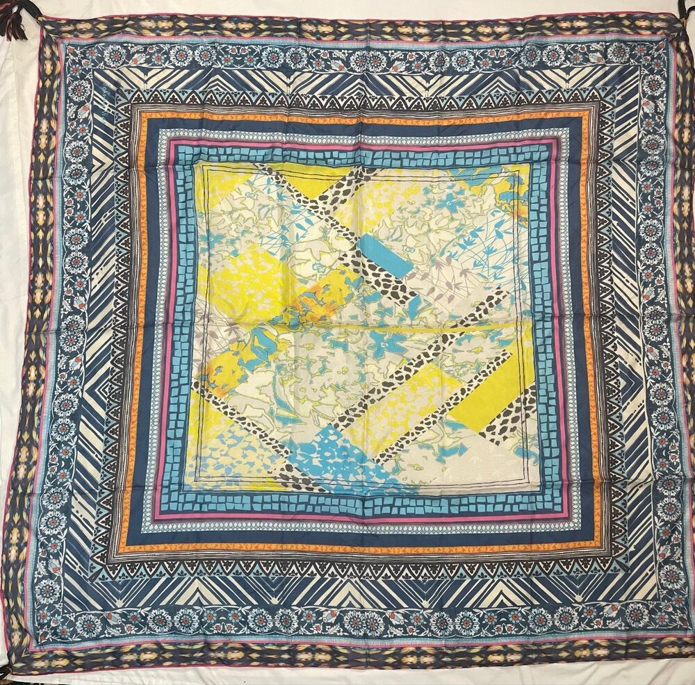 Johnny Was Silk Scarf Large Square Patchwork Boho Tassel Wrap Pink Blue